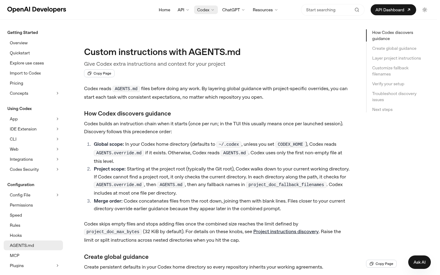 OpenAI Codex AGENTS.md documentation screenshot