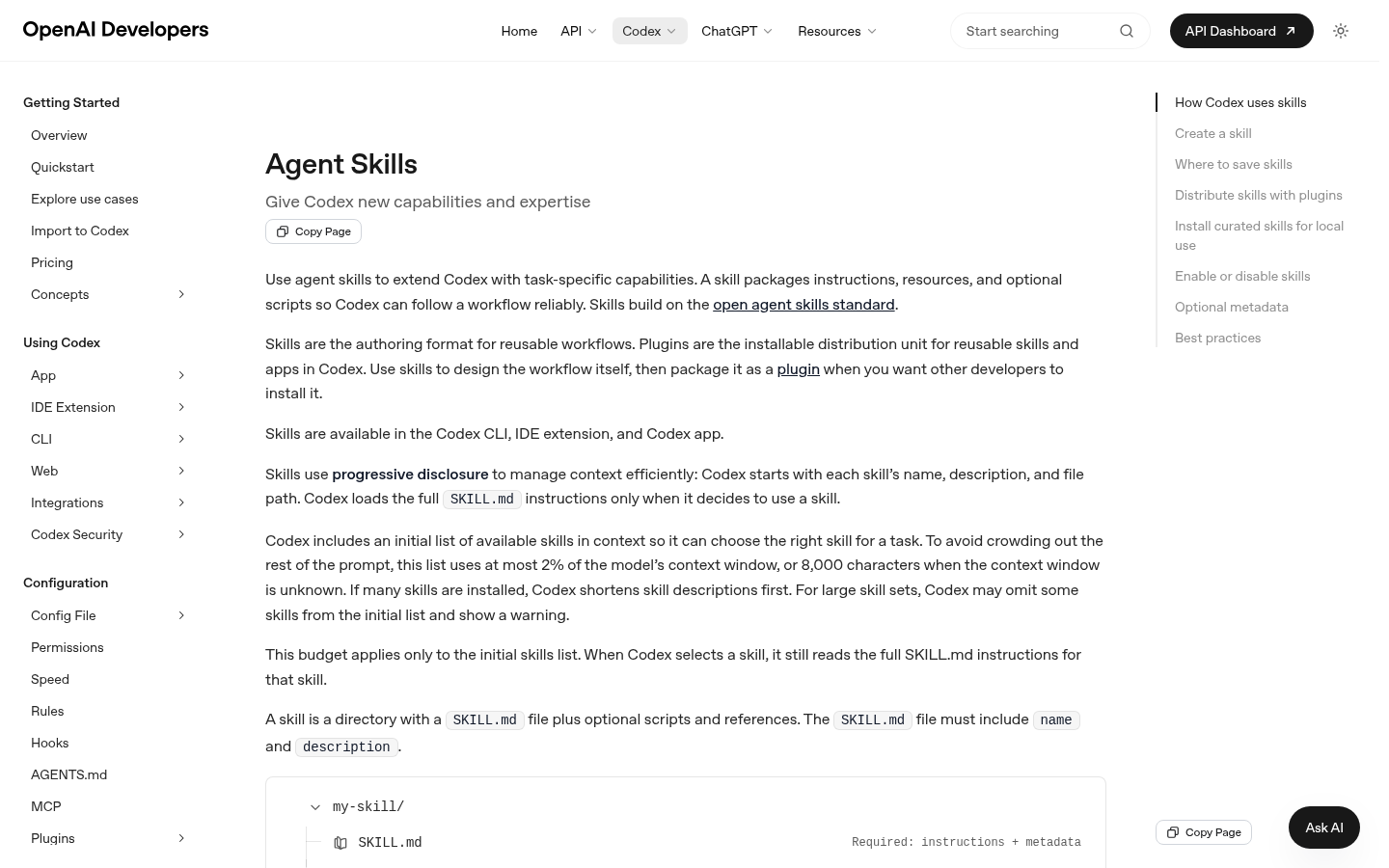 OpenAI Codex Skills documentation screenshot