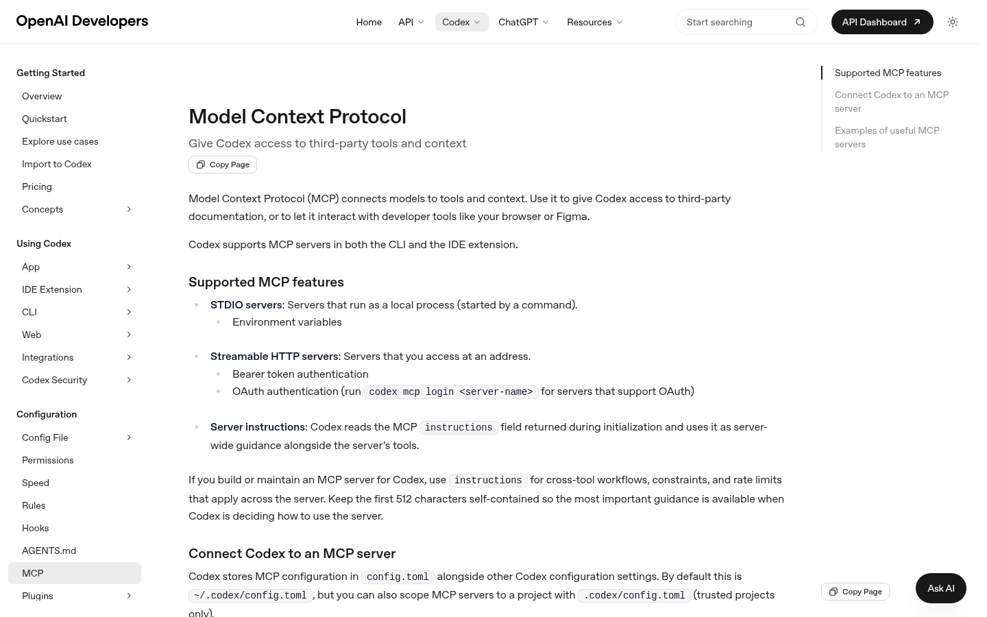 OpenAI Codex MCP documentation screenshot
