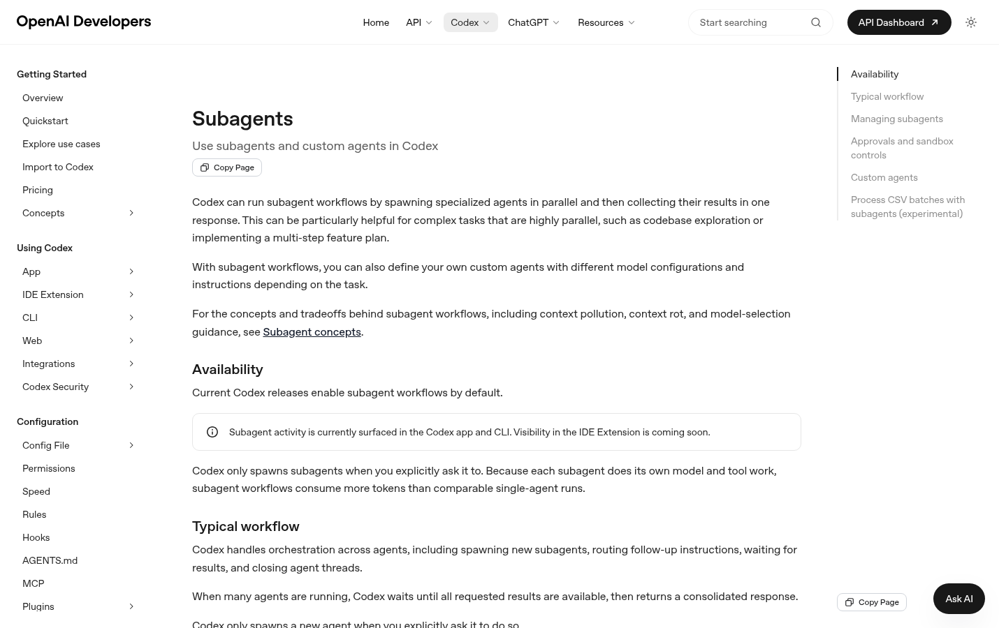 OpenAI Codex subagents documentation screenshot