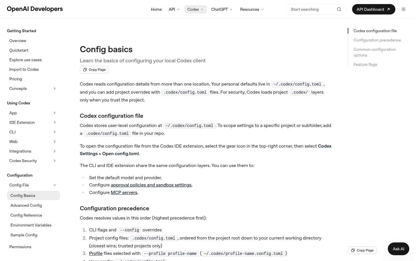 OpenAI Codex config documentation screenshot