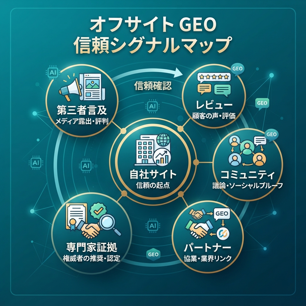 自社コンテンツが第三者言及、レビュー、コミュニティ、パートナーページ、専門家証拠によって支えられるオフサイトGEOの信頼シグナルマップ。