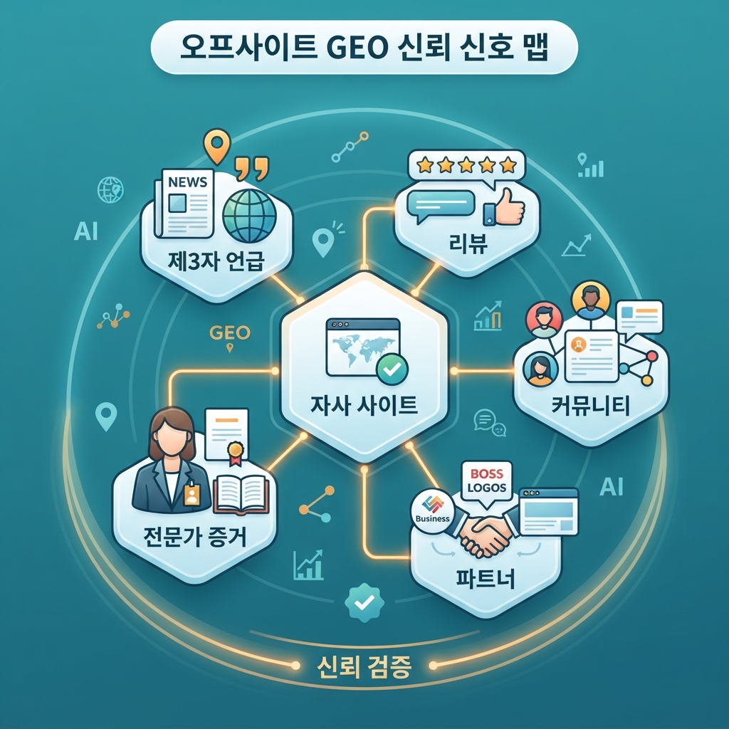 자사 콘텐츠가 제3자 언급, 리뷰, 커뮤니티, 파트너 페이지, 전문가 증거로 뒷받침되는 오프사이트 GEO 신뢰 신호 지도.