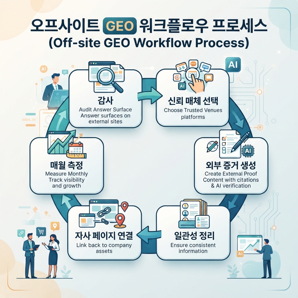 감사, 신뢰 매체 선택, 외부 증거 생성, 일관성 정리, 자사 페이지 연결, 매월 측정으로 구성된 오프사이트 GEO 워크플로.