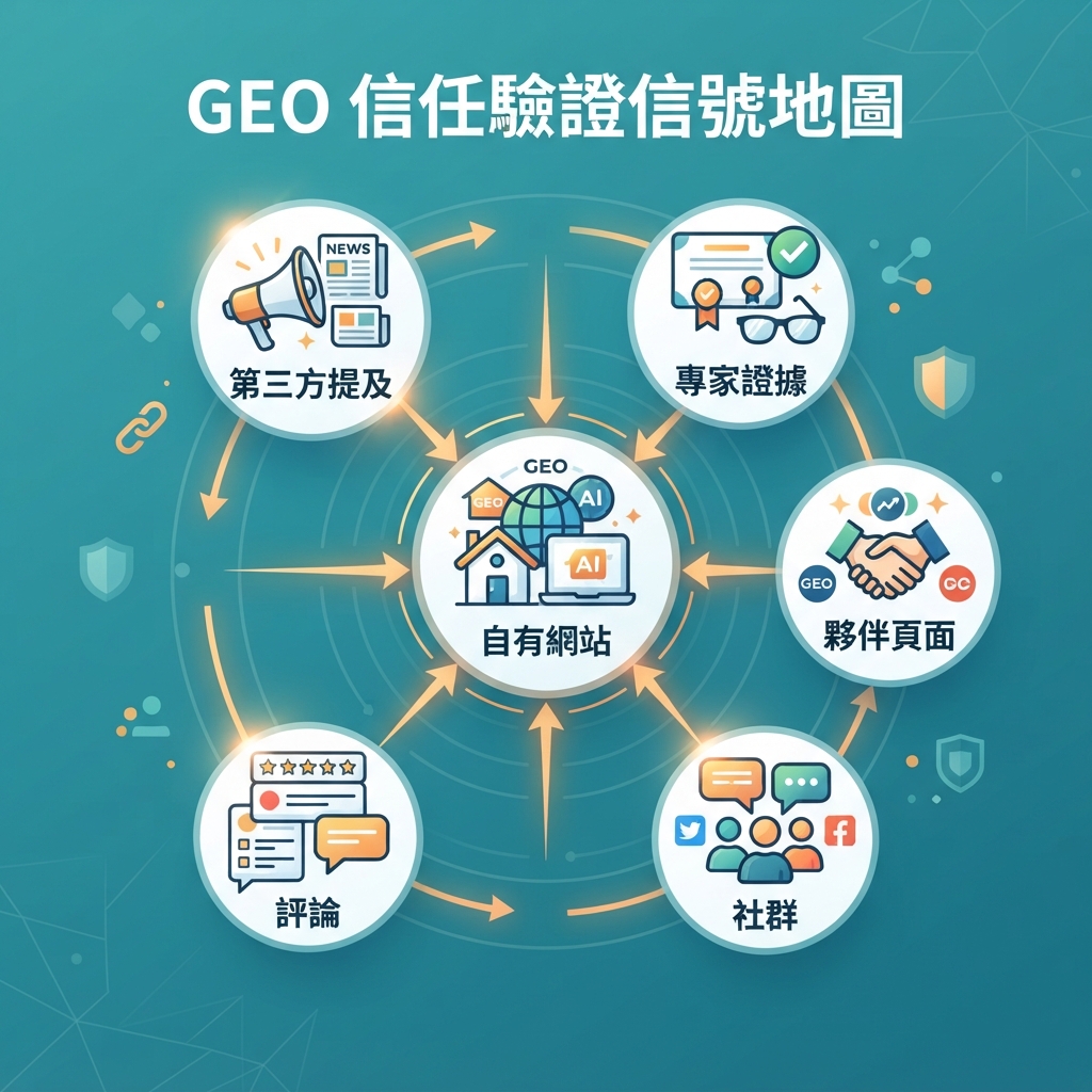 站外 GEO 信任訊號地圖,顯示自有內容如何由第三方提及、評論、社群、合作夥伴頁面和專家證據支撐。