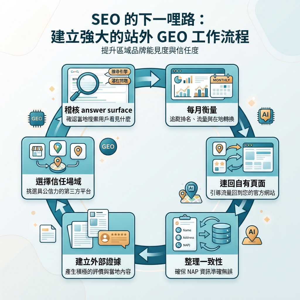 站外 GEO 工作流程,包含稽核、選擇信任場域、建立外部證據、整理一致性、連回自有頁面與每月衡量。