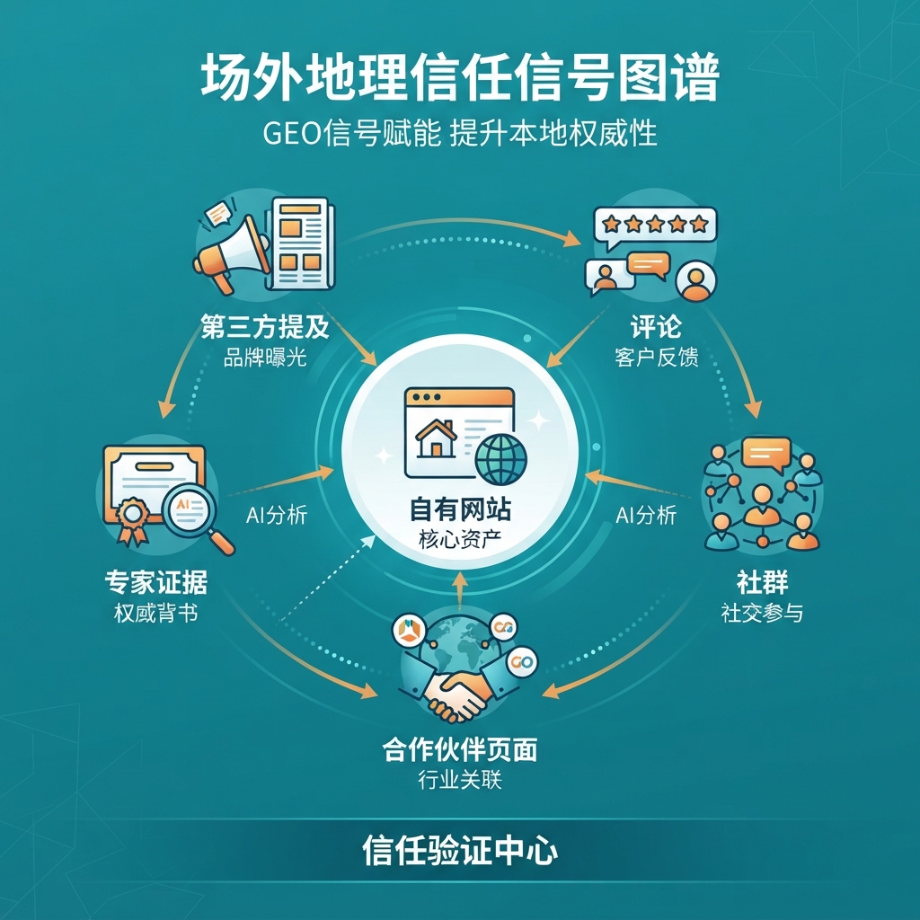 站外 GEO 信任信号地图，展示自有内容如何由第三方提及、评论、社区、合作伙伴页面和专家证据支撑。