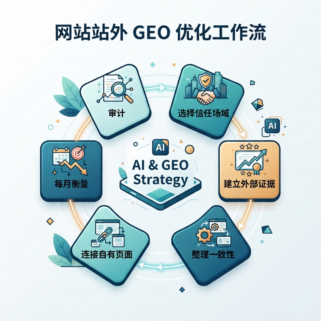 站外 GEO 工作流，包含审计、选择信任场域、建立外部证据、整理一致性、连接自有页面和每月衡量。