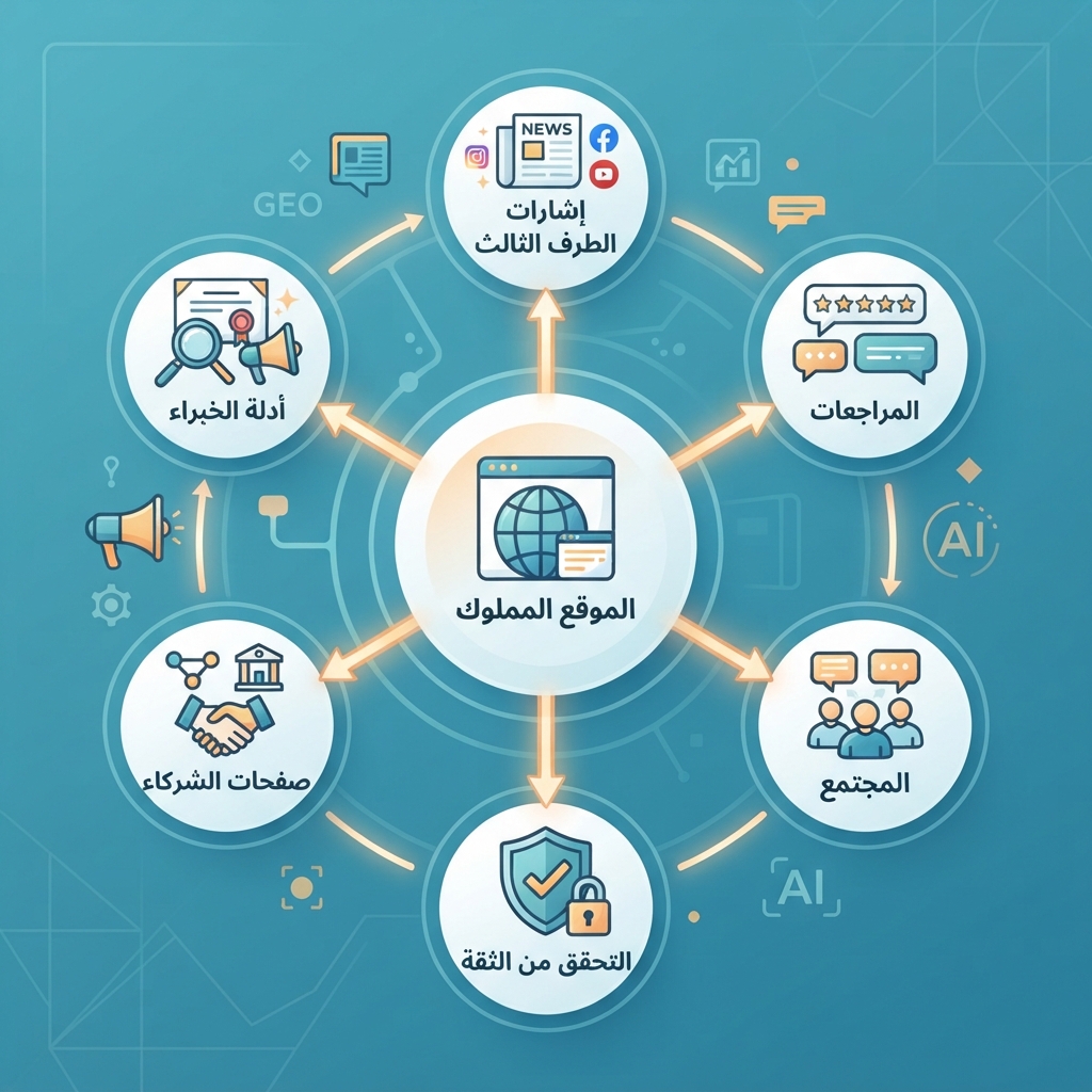 خريطة إشارات الثقة في GEO خارج الموقع، تعرض كيف تدعم إشارات الطرف الثالث والمراجعات والمجتمعات وصفحات الشركاء وأدلة الخبراء المحتوى المملوك.