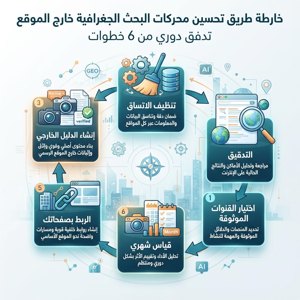 سير عمل GEO خارج الموقع يوضح التدقيق، اختيار قنوات الثقة، إنشاء الدليل الخارجي، تنظيف الاتساق، الربط بالصفحات المملوكة، والقياس الشهري.