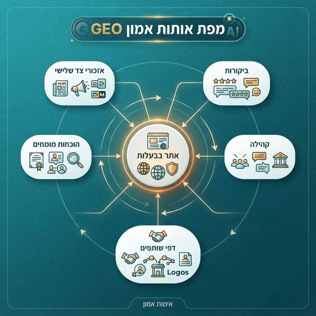 מפת אותות אמון של GEO מחוץ לאתר, המציגה כיצד תוכן בבעלות נתמך על ידי אזכורי צד שלישי, ביקורות, קהילות, דפי שותפים והוכחות מומחים.