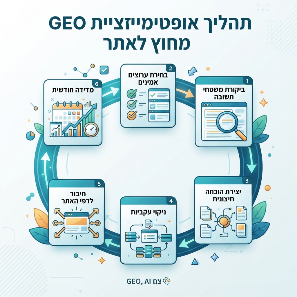 תהליך עבודה של GEO מחוץ לאתר הכולל ביקורת, בחירת ערוצי אמון, יצירת הוכחה חיצונית, ניקוי עקביות, חיבור לדפי האתר ומדידה חודשית.