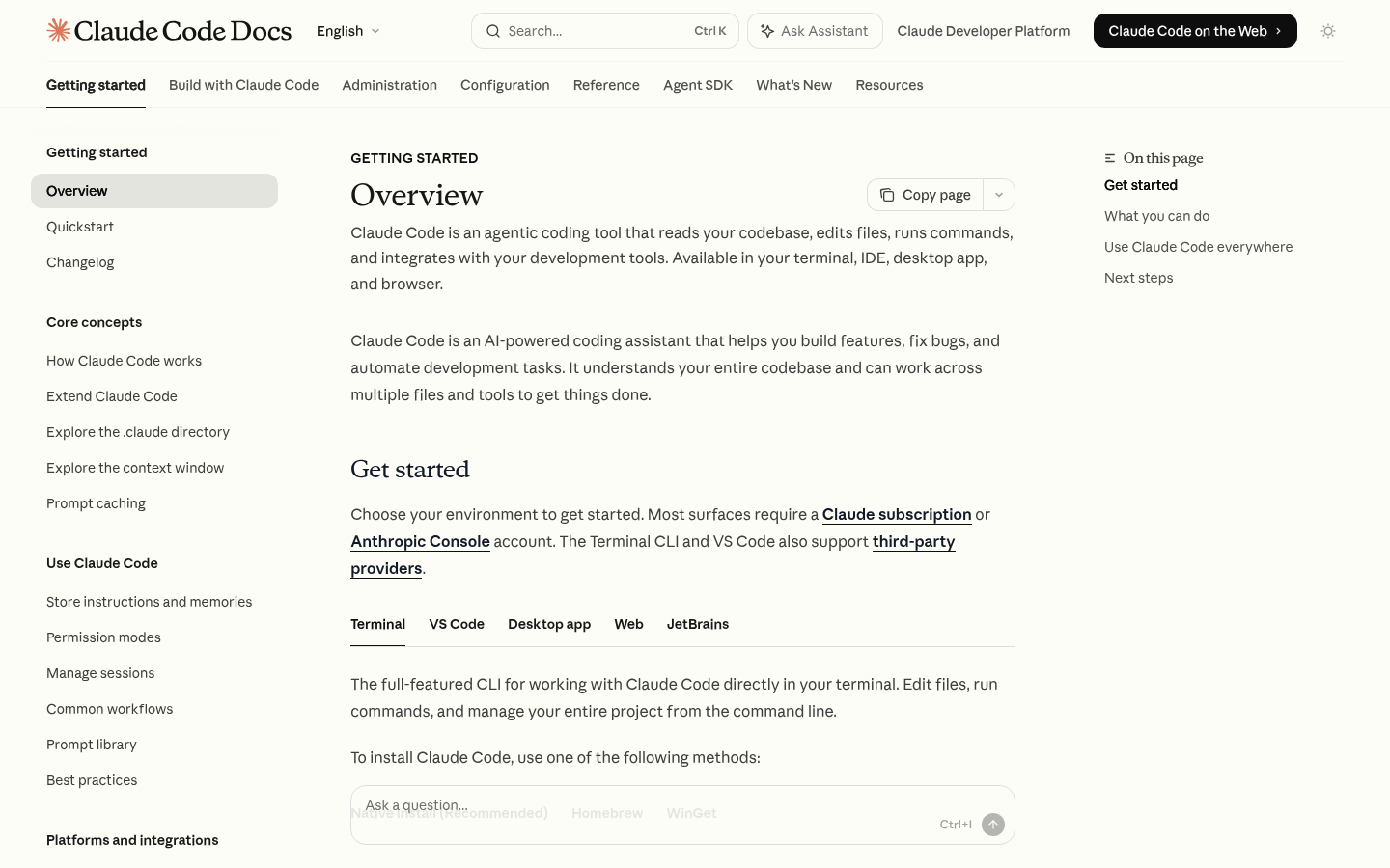 Claude Code official overview screenshot showing the public docs page