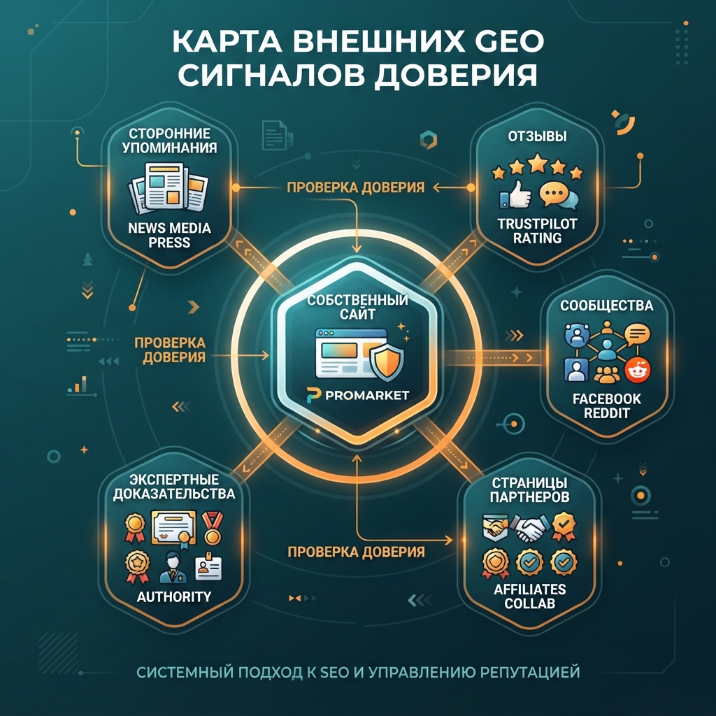 Карта сигналов доверия off-site GEO, показывающая, как собственный контент поддерживается сторонними упоминаниями, отзывами, сообществами, страницами партнеров и экспертными доказательствами.