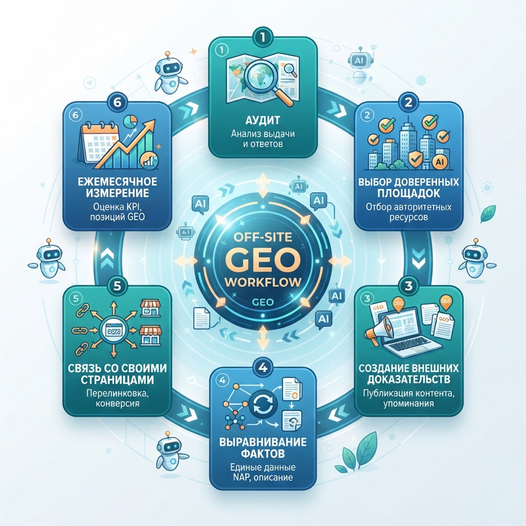 Workflow off-site GEO: аудит, выбор доверенных площадок, создание внешних доказательств, выравнивание фактов, связь с собственными страницами и ежемесячное измерение.
