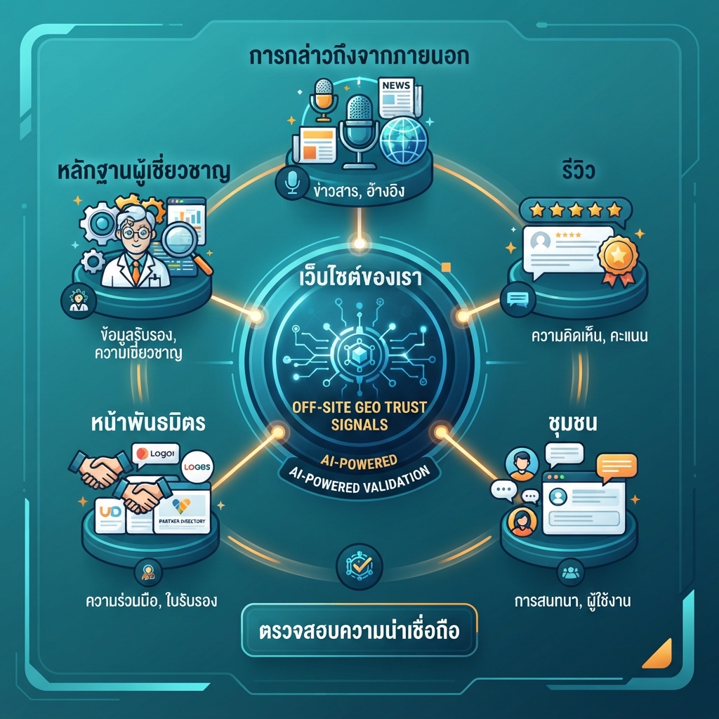 แผนที่สัญญาณความน่าเชื่อถือของ Off-site GEO แสดงให้เห็นว่าเนื้อหาของเว็บไซต์ตนเองได้รับการสนับสนุนจากการกล่าวถึงโดยบุคคลที่สาม รีวิว ชุมชน หน้าพันธมิตร และหลักฐานจากผู้เชี่ยวชาญอย่างไร