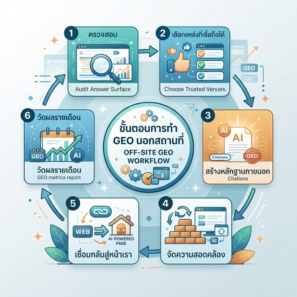 Workflow ของ Off-site GEO แสดงการตรวจสอบ การเลือกแหล่งที่เชื่อถือได้ การสร้างหลักฐานภายนอก การจัดความสอดคล้อง การเชื่อมกลับสู่หน้าเว็บของคุณ และการวัดผลรายเดือน