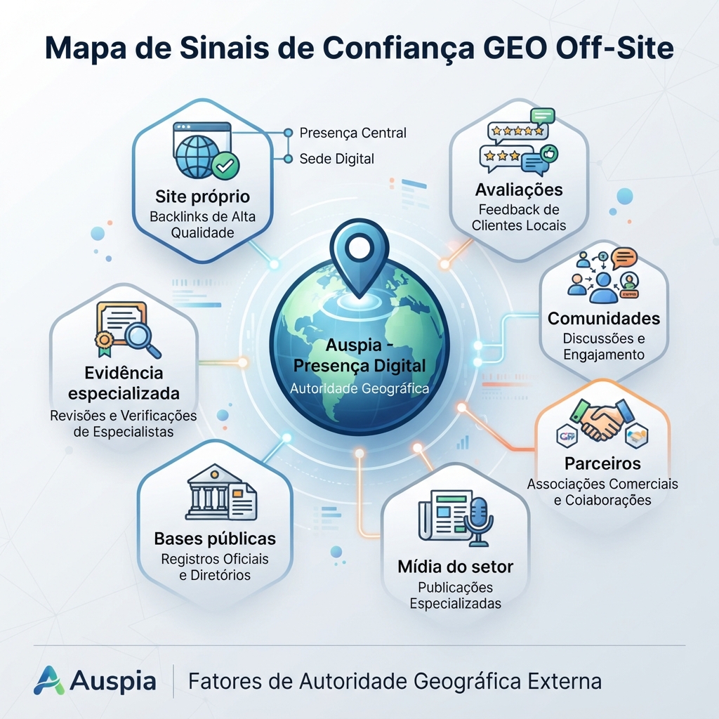 Mapa de sinais de confiança de GEO fora do site mostrando conteúdo próprio apoiado por menções de terceiros, avaliações, comunidades, páginas de parceiros e evidência especializada.