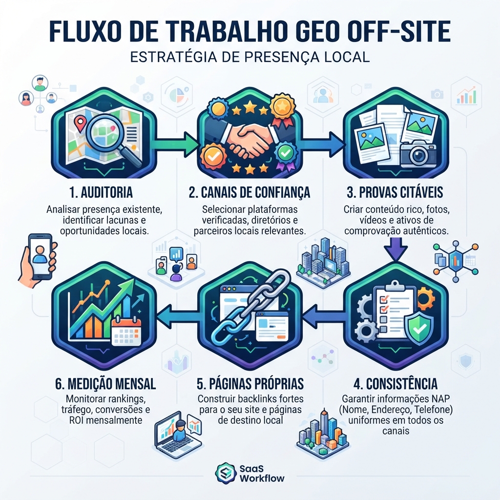Fluxo de trabalho de GEO fora do site mostrando auditoria, seleção de canais, criação de prova externa, limpeza de consistência, conexão com páginas próprias e medição mensal.