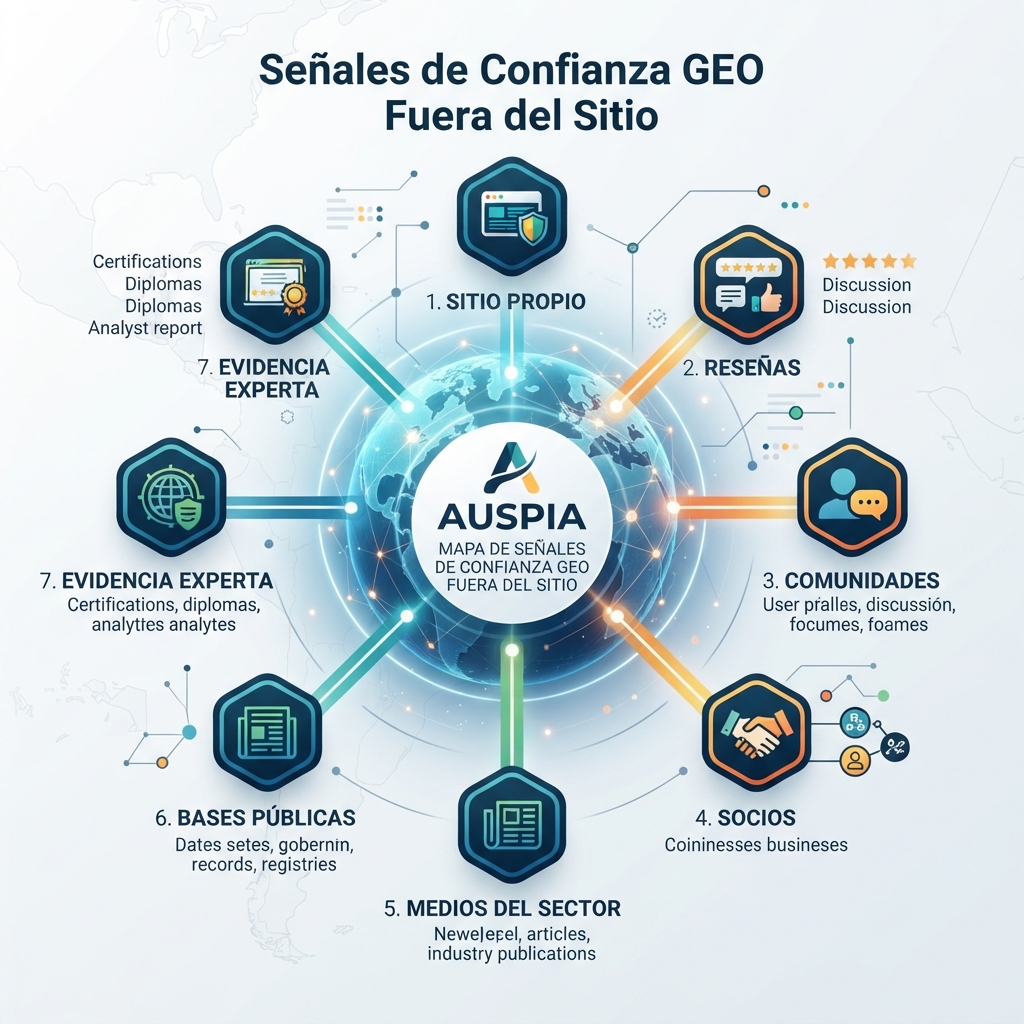 Mapa de señales de confianza de GEO fuera del sitio que muestra contenido propio apoyado por menciones de terceros, reseñas, comunidades, páginas de socios y evidencia experta.