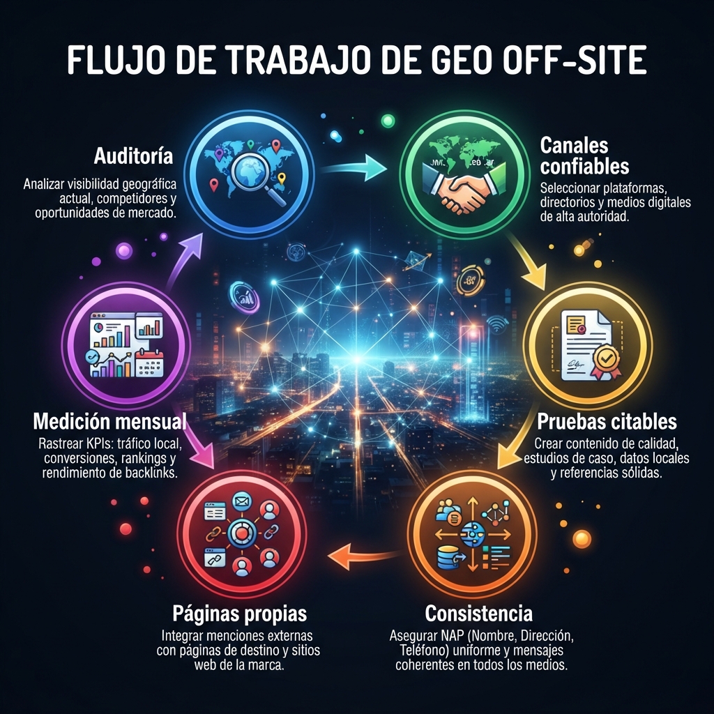 Flujo de trabajo de GEO fuera del sitio que muestra auditoría, selección de canales, creación de prueba externa, limpieza de consistencia, conexión con páginas propias y medición mensual.