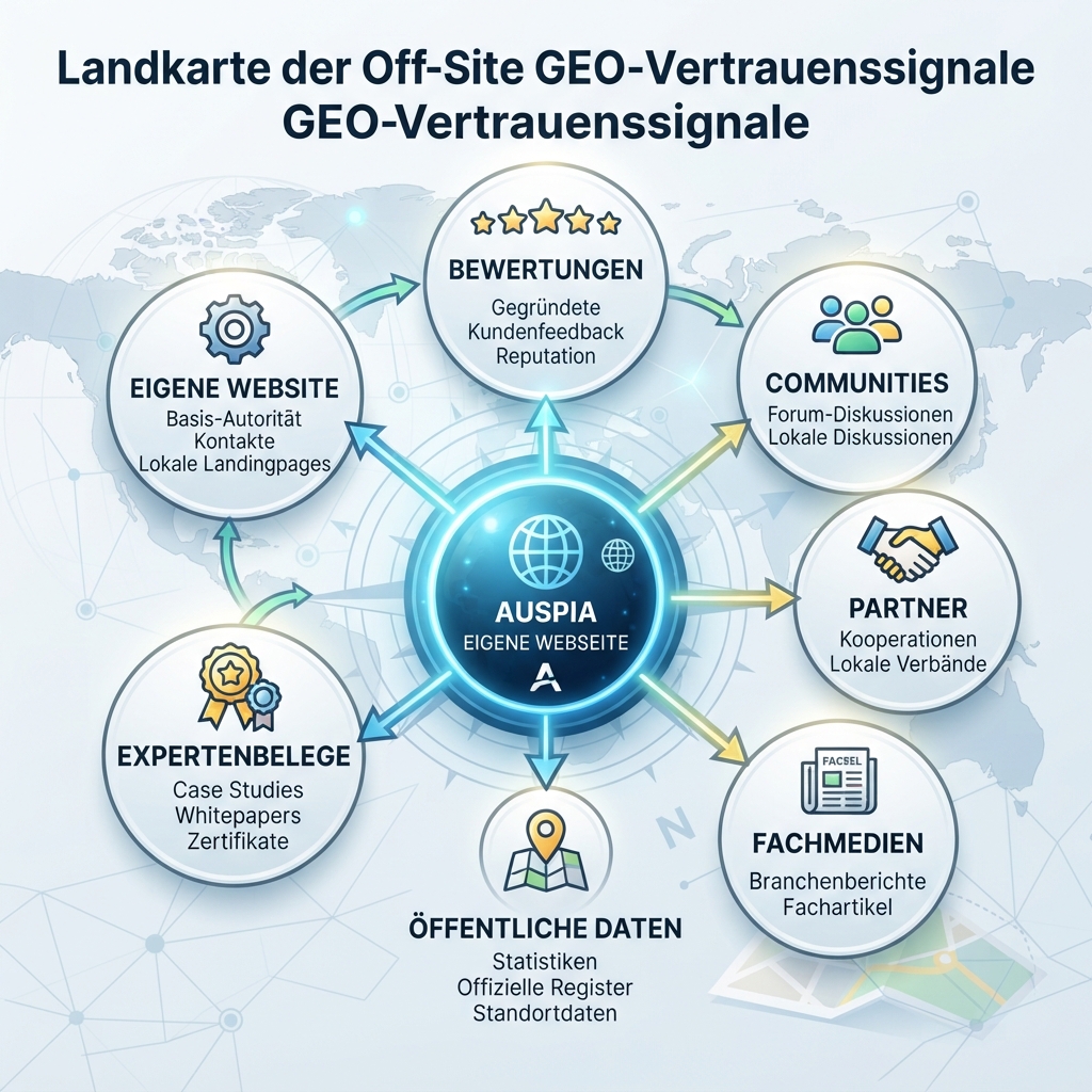Karte von Off-site-GEO-Vertrauenssignalen, die zeigt, wie eigene Inhalte durch Erwähnungen Dritter, Bewertungen, Communities, Partnerseiten und Expertenbelege gestützt werden.