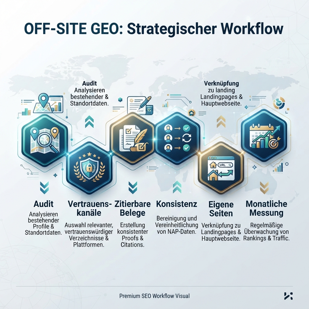 Off-site-GEO-Workflow mit Audit, Auswahl von Vertrauensorten, Erstellung externer Nachweise, Konsistenzbereinigung, Verbindung zu eigenen Seiten und monatlicher Messung.