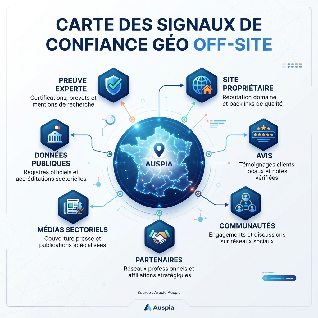 Carte des signaux de confiance GEO hors site montrant le contenu propriétaire soutenu par des mentions tierces, des avis, des communautés, des pages partenaires et des preuves expertes.