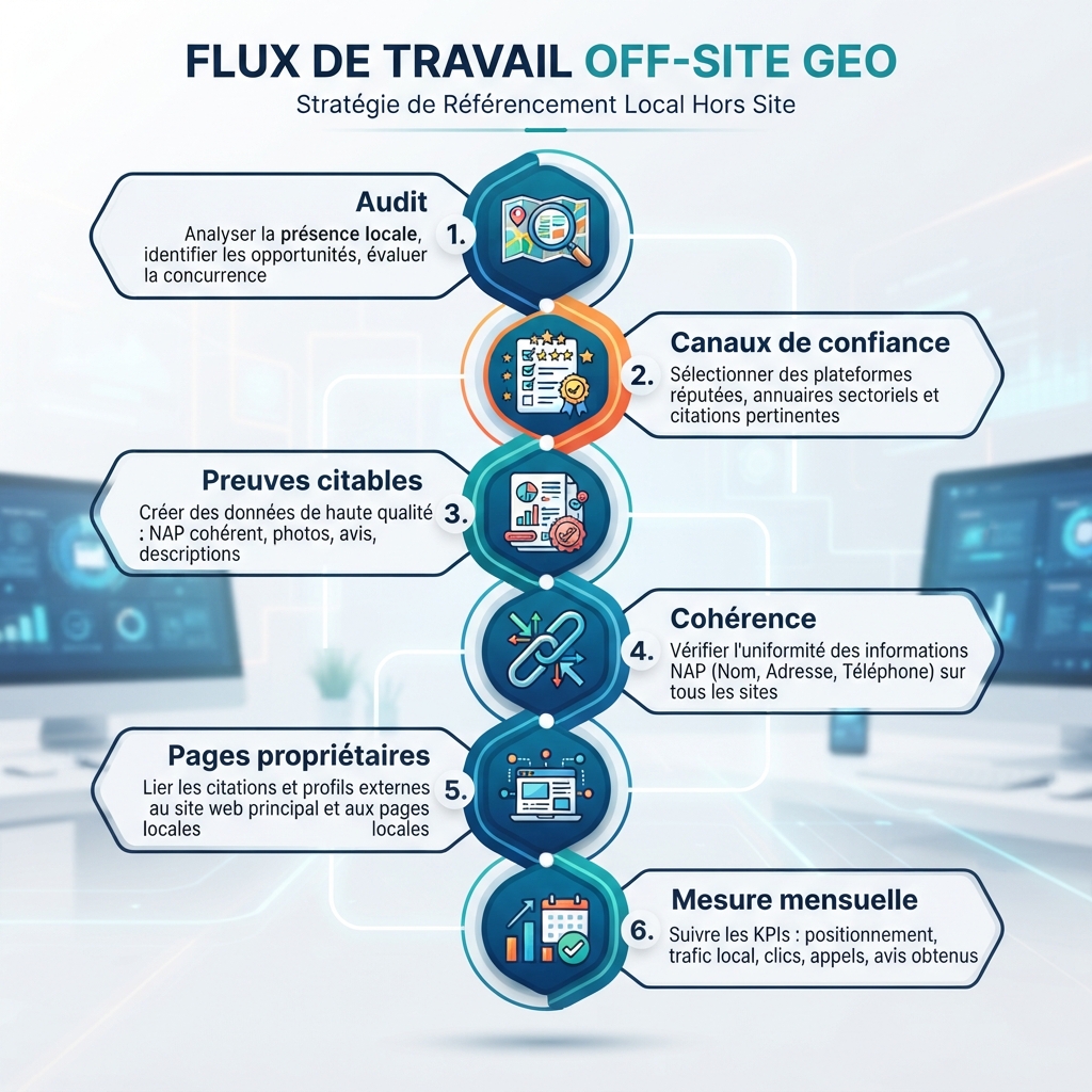 Workflow GEO hors site montrant l'audit, la sélection des lieux de confiance, la création de preuves externes, le nettoyage de cohérence, la connexion aux pages propriétaires et la mesure mensuelle.