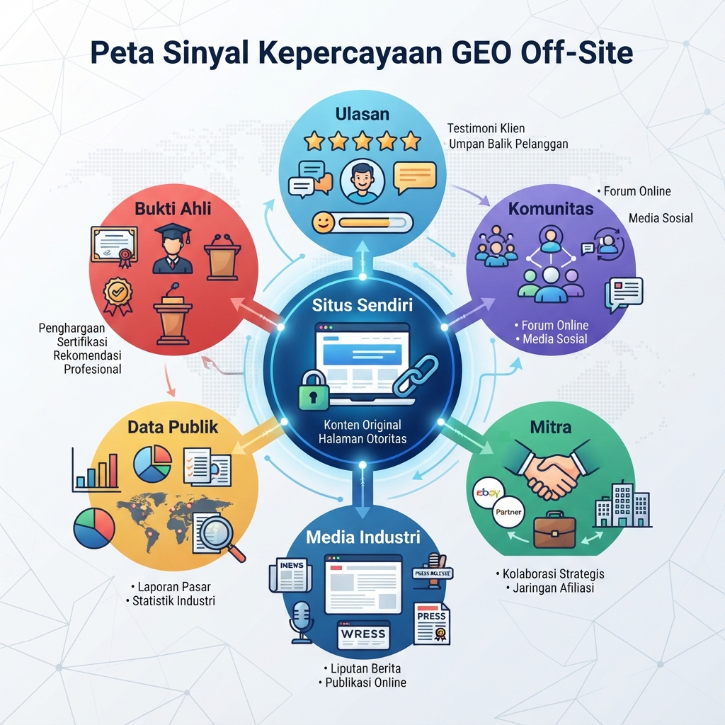 Peta sinyal kepercayaan GEO di luar situs yang menunjukkan konten milik sendiri didukung oleh sebutan pihak ketiga, ulasan, komunitas, halaman mitra, dan bukti pakar.