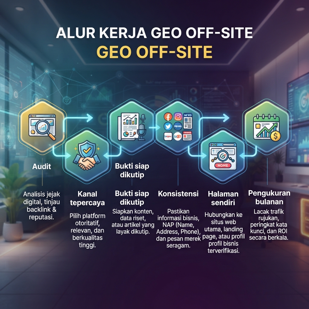 Workflow GEO di luar situs yang menunjukkan audit, pemilihan kanal tepercaya, pembuatan bukti eksternal, pembersihan konsistensi, koneksi ke halaman sendiri, dan pengukuran bulanan.