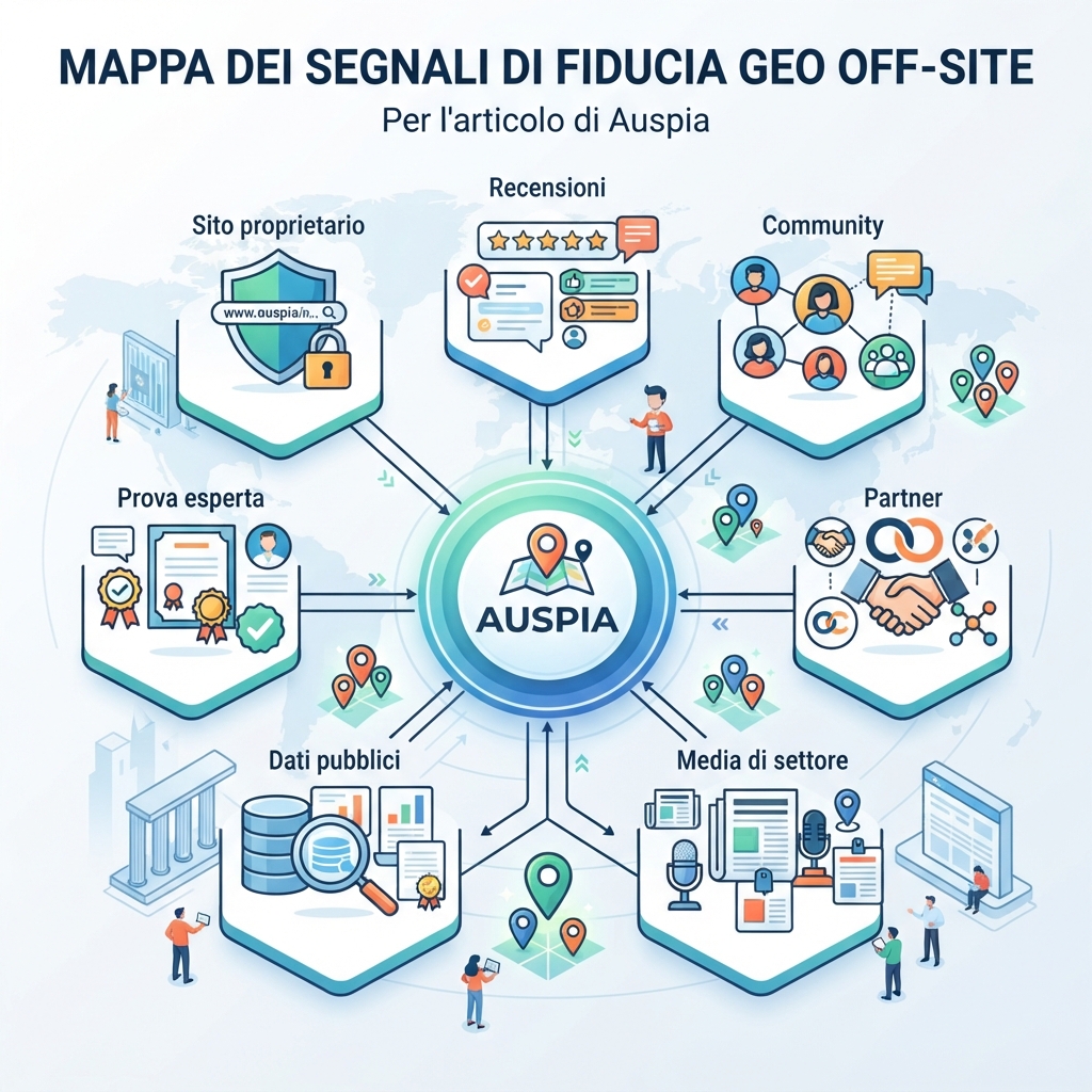 Mappa dei segnali di fiducia GEO off-site che mostra contenuti proprietari supportati da menzioni di terze parti, recensioni, community, pagine partner e prove esperte.