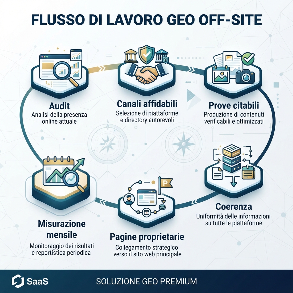 Workflow GEO off-site con audit, scelta dei luoghi affidabili, creazione di prove esterne, pulizia della coerenza, connessione alle pagine proprietarie e misurazione mensile.