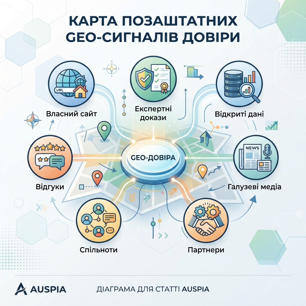 Карта сигналів довіри GEO поза сайтом, що показує, як власний контент підтримують згадки третіх сторін, відгуки, спільноти, сторінки партнерів і експертні докази.