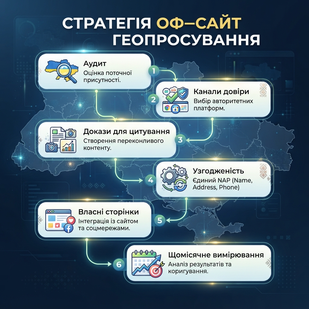 Workflow GEO поза сайтом з аудитом, вибором довірених майданчиків, створенням зовнішніх доказів, очищенням узгодженості, підключенням до власних сторінок і щомісячним вимірюванням.