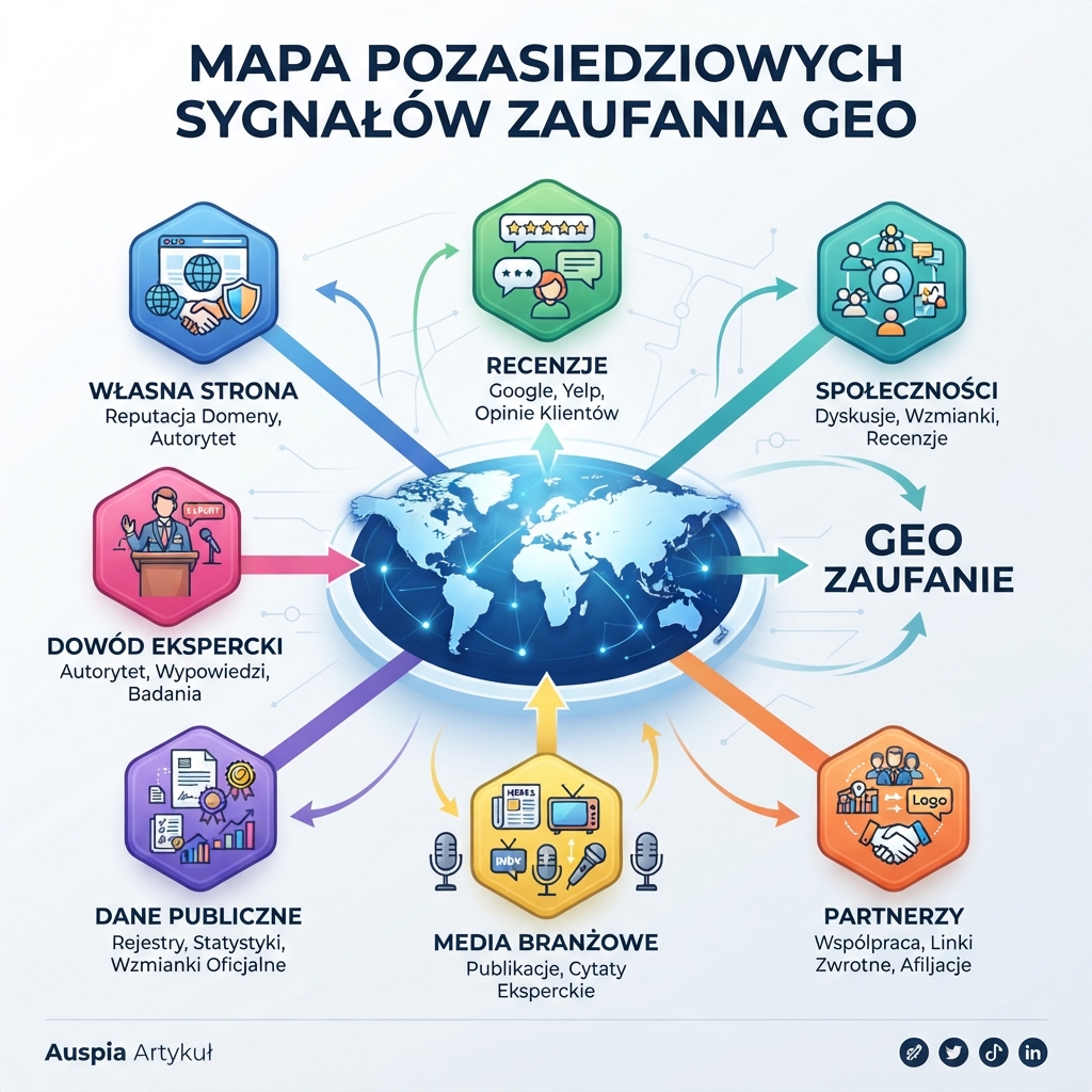 Mapa sygnałów zaufania GEO poza witryną pokazująca, jak własne treści są wspierane przez wzmianki stron trzecich, recenzje, społeczności, strony partnerów i dowody eksperckie.