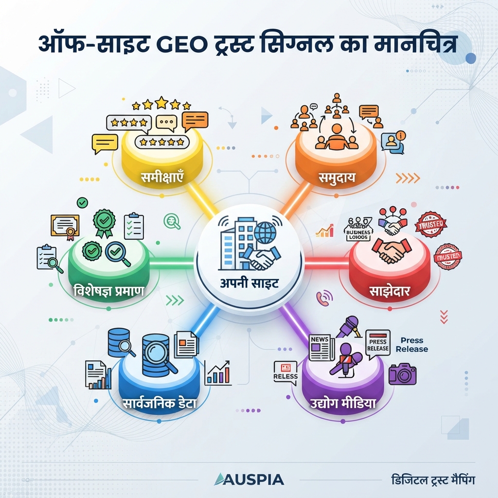 ऑफ-साइट GEO भरोसा संकेतों का मानचित्र, जिसमें अपना कंटेंट तीसरे पक्ष की उल्लेख, समीक्षाओं, समुदायों, साझेदार पेजों और विशेषज्ञ प्रमाण से समर्थित दिखता है।