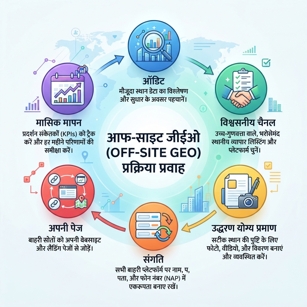 ऑफ-साइट GEO कार्यप्रवाह जिसमें audit, trusted venue selection, बाहरी प्रमाण creation, consistency cleanup, अपने-पेज connection और monthly measurement दिखते हैं।