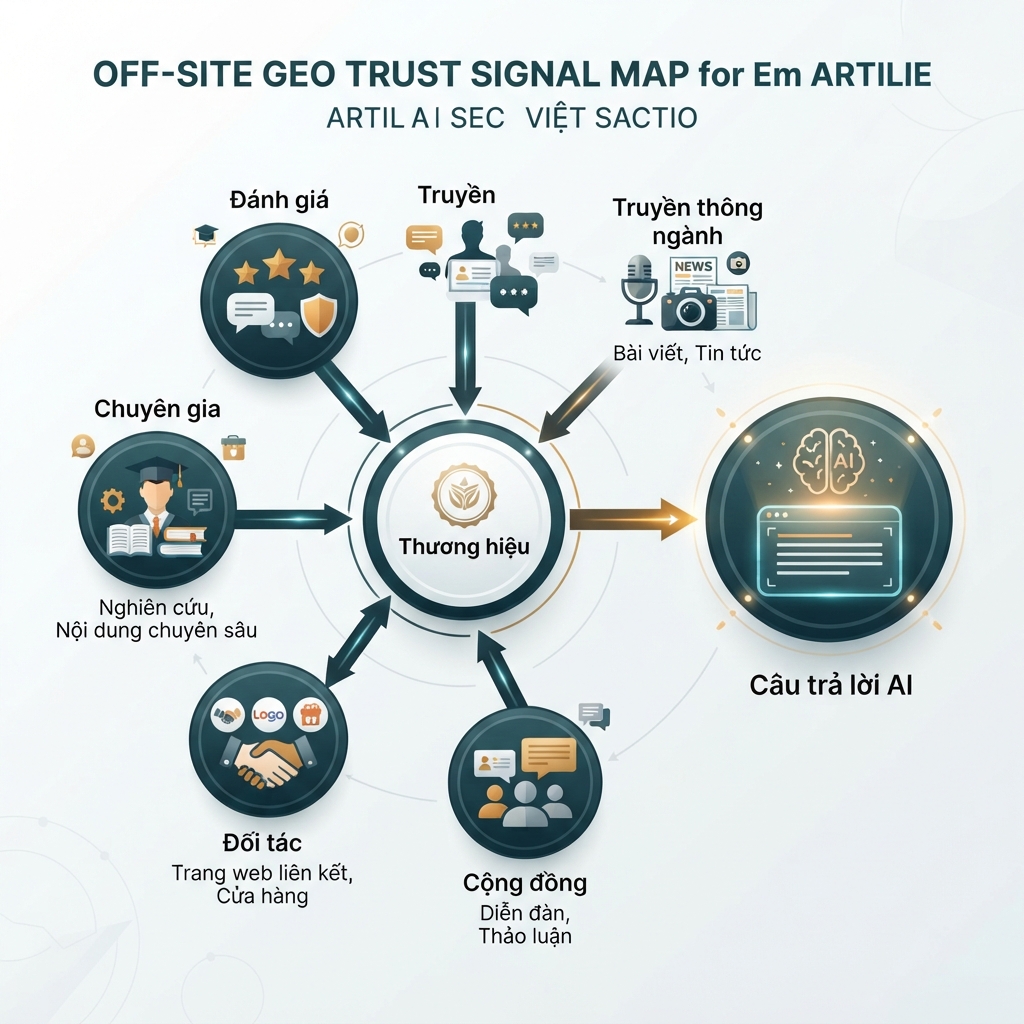 Bản đồ tín hiệu tin cậy GEO ngoài website, cho thấy nội dung sở hữu được hỗ trợ bởi nhắc đến từ bên thứ ba, đánh giá, cộng đồng, trang đối tác và bằng chứng chuyên gia.