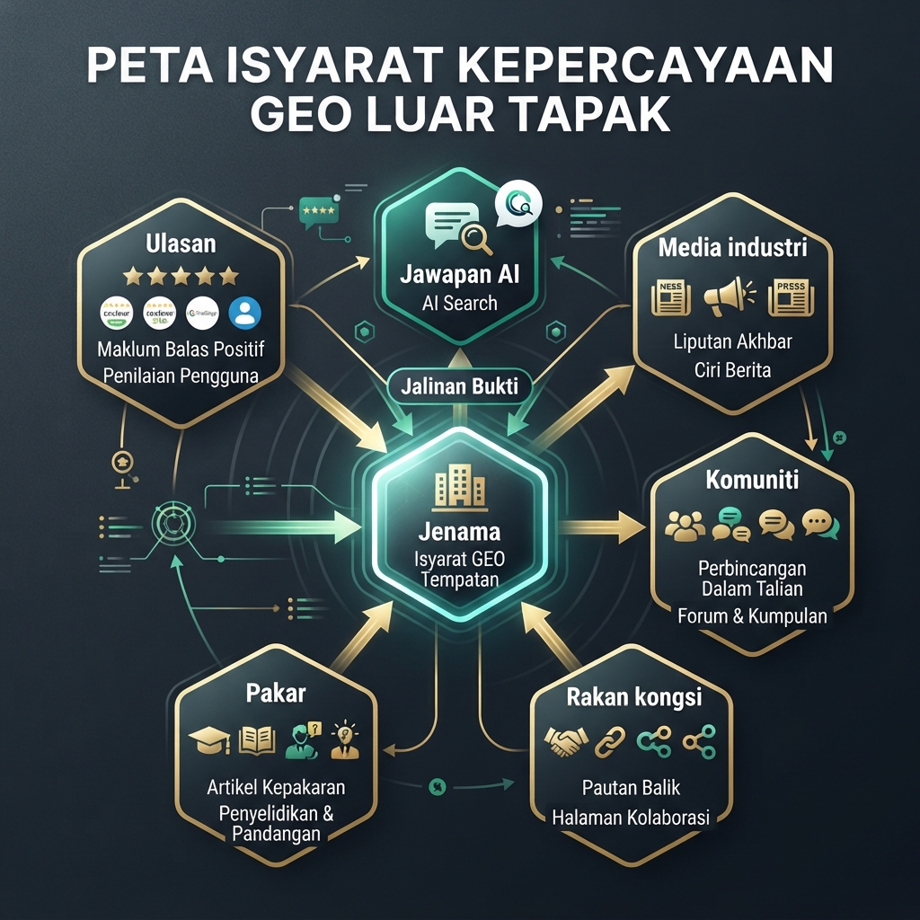Peta isyarat kepercayaan GEO luar tapak yang menunjukkan kandungan milik sendiri disokong oleh sebutan pihak ketiga, ulasan, komuniti, halaman rakan kongsi dan bukti pakar.