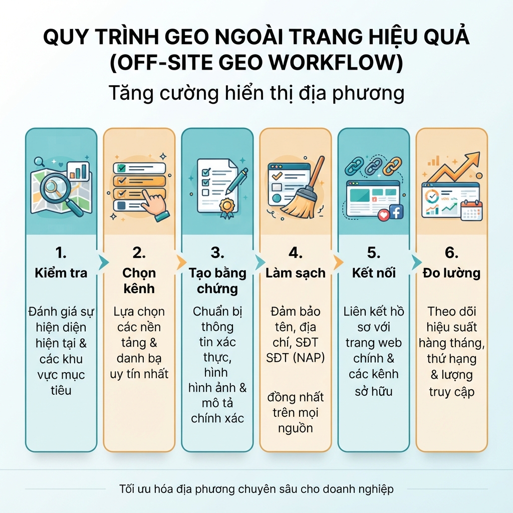 Workflow GEO ngoài website, cho thấy kiểm toán, chọn kênh đáng tin, tạo bằng chứng bên ngoài, dọn dẹp tính nhất quán, kết nối với trang sở hữu và đo lường hằng tháng.