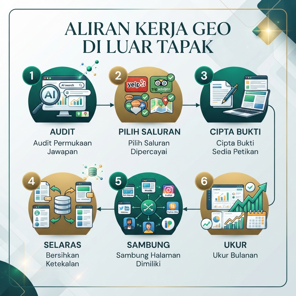 Workflow GEO luar tapak yang menunjukkan audit, pemilihan saluran dipercayai, penciptaan bukti luaran, pembersihan konsistensi, sambungan ke halaman milik sendiri dan pengukuran bulanan.