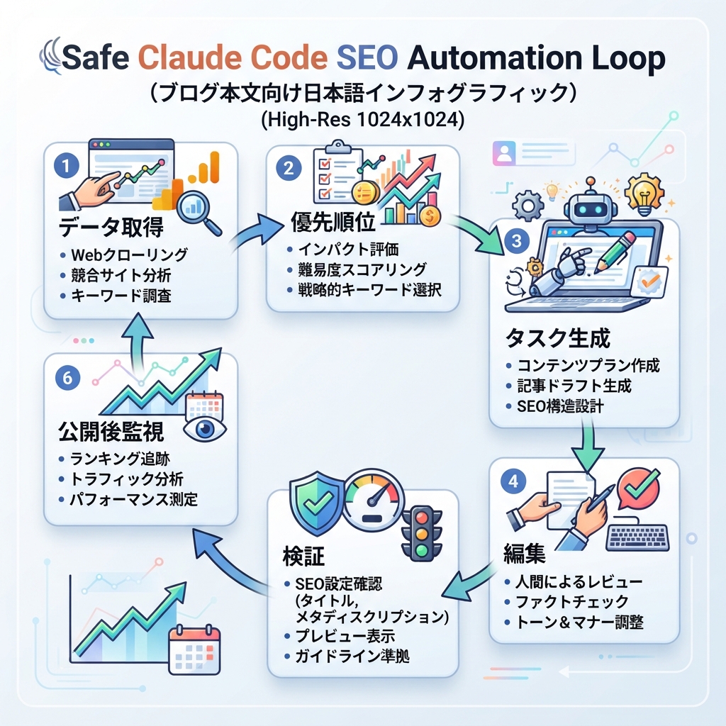 データ取得、URL優先度付け、タスク生成、リポジトリ編集、検証、公開後監視を回すSEO自動化ループ
