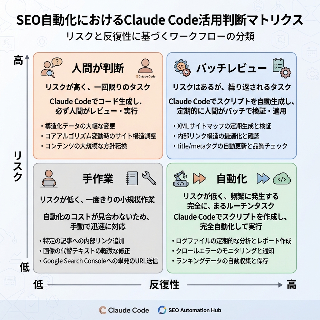 リスクと反復性に応じてSEOタスクを自動化、バッチレビュー、ブリーフ化、手作業に分けるマトリクス
