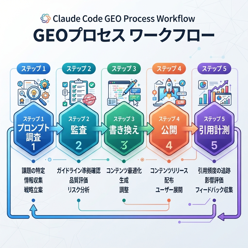 リサーチから引用計測まで進むGEOワークフロー図