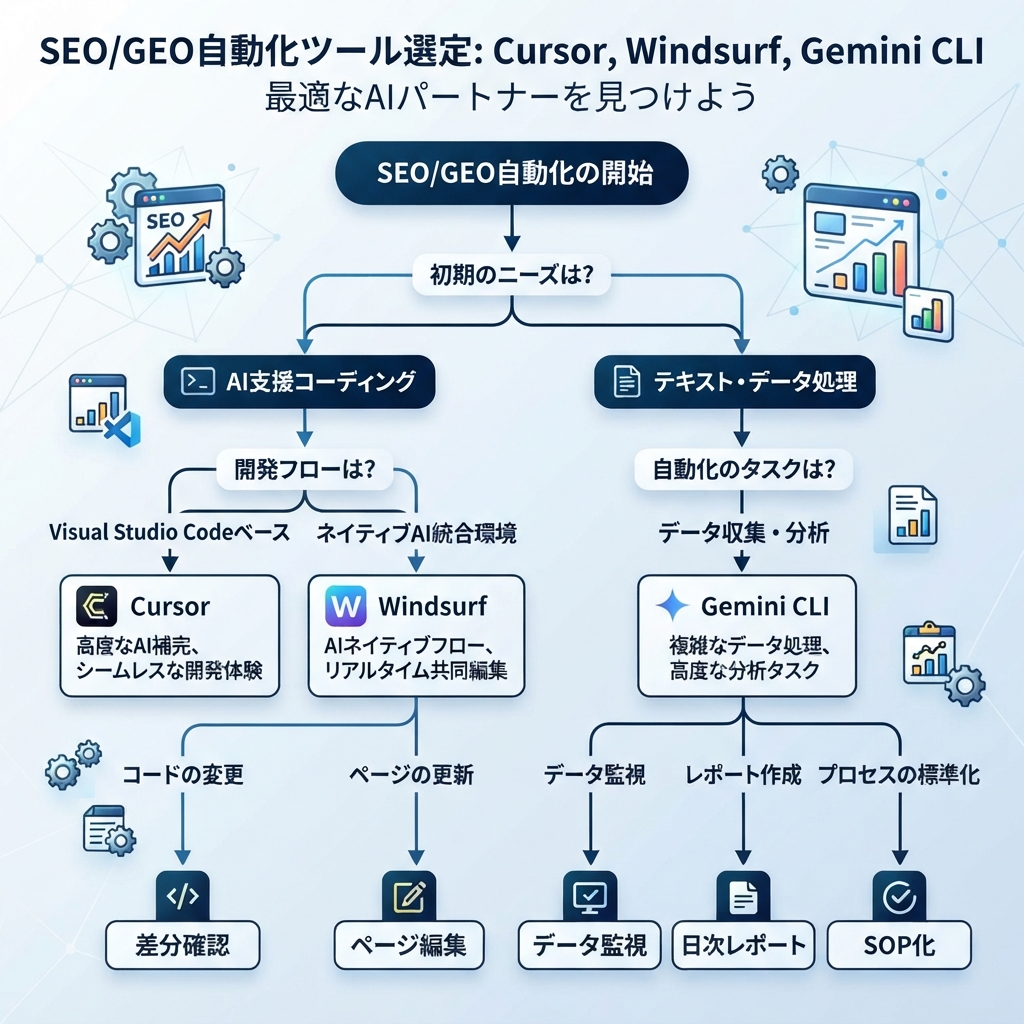 SEO/GEO自動化でCursor、Windsurf、Gemini CLIを選ぶための判断ツリー