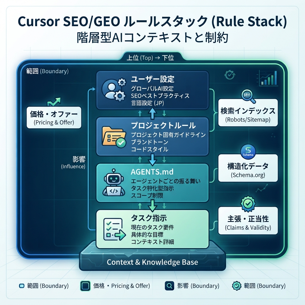 user rules、project rules、AGENTS.md、task promptsで構成されるCursor SEO/GEO rule stack