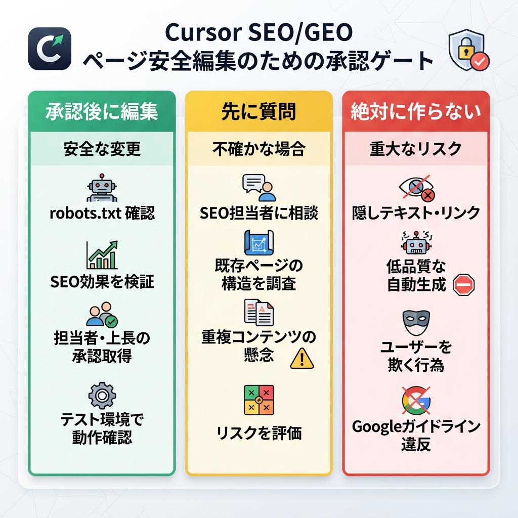 安全なSEO/GEO作業のためのCursor page edit approval gate