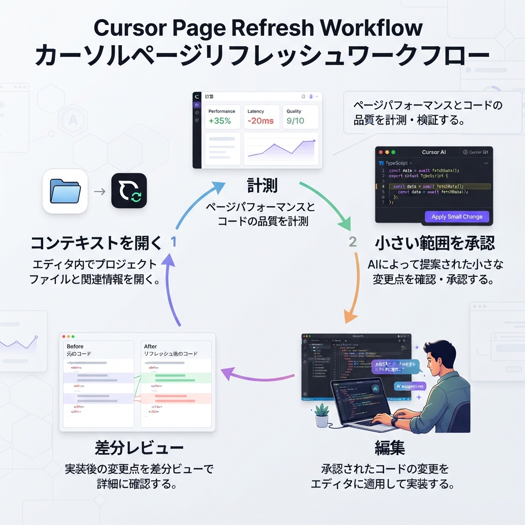 Cursorのページ更新ワークフロー: 計画、承認、編集、差分レビュー、計測