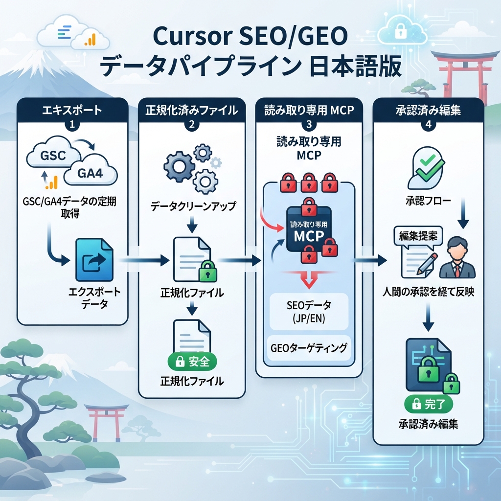 CursorをGSC、Bing、GA4、AI visibility exportsに安全に接続するread-only data workflow